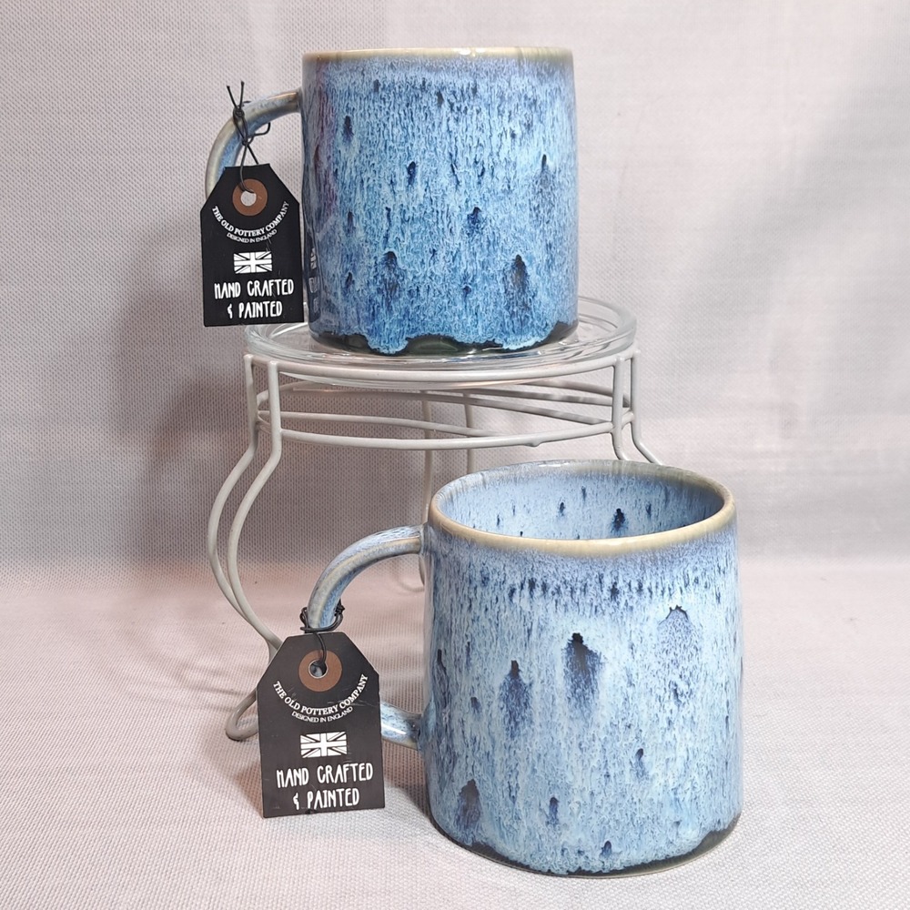 Set of 2 The Old Pottery Co Blue Drip Glaze Mugs Hand Crafted Painted